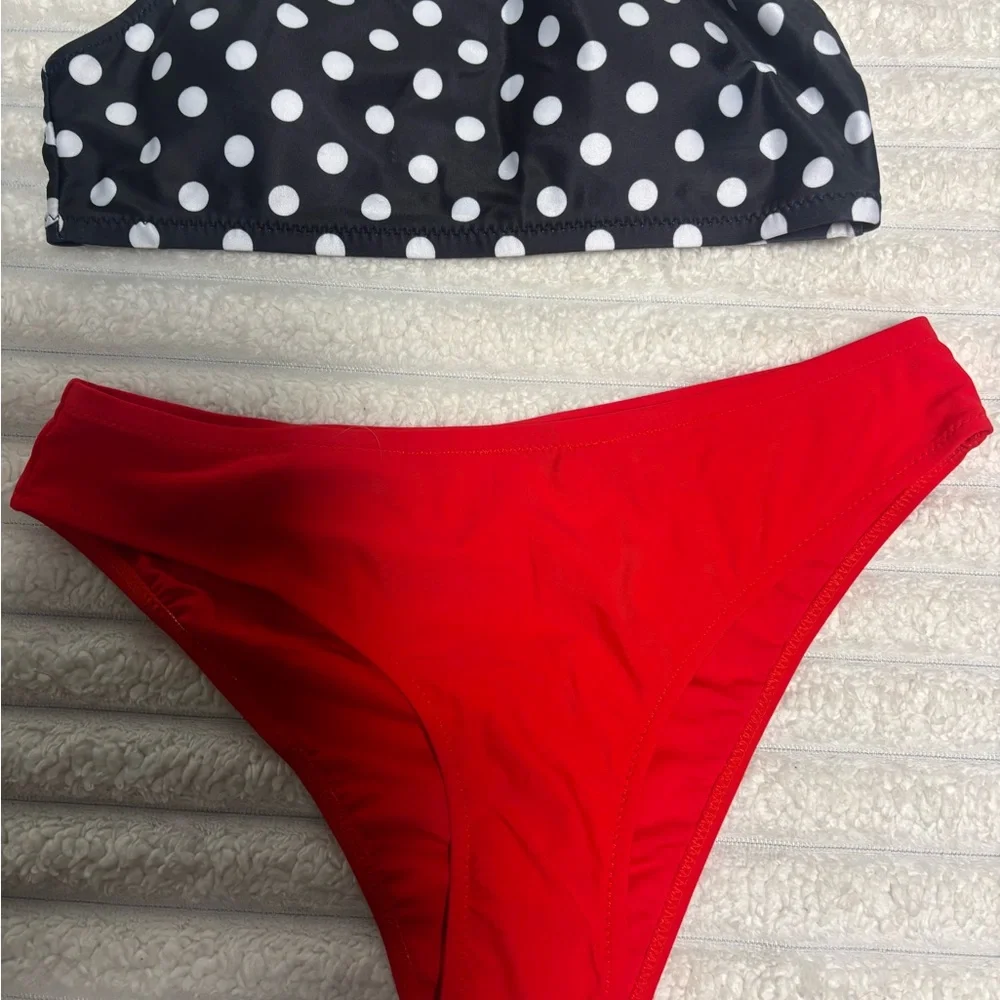 Stylish Polka Dot Bikini Top with Vibrant Red Bottoms